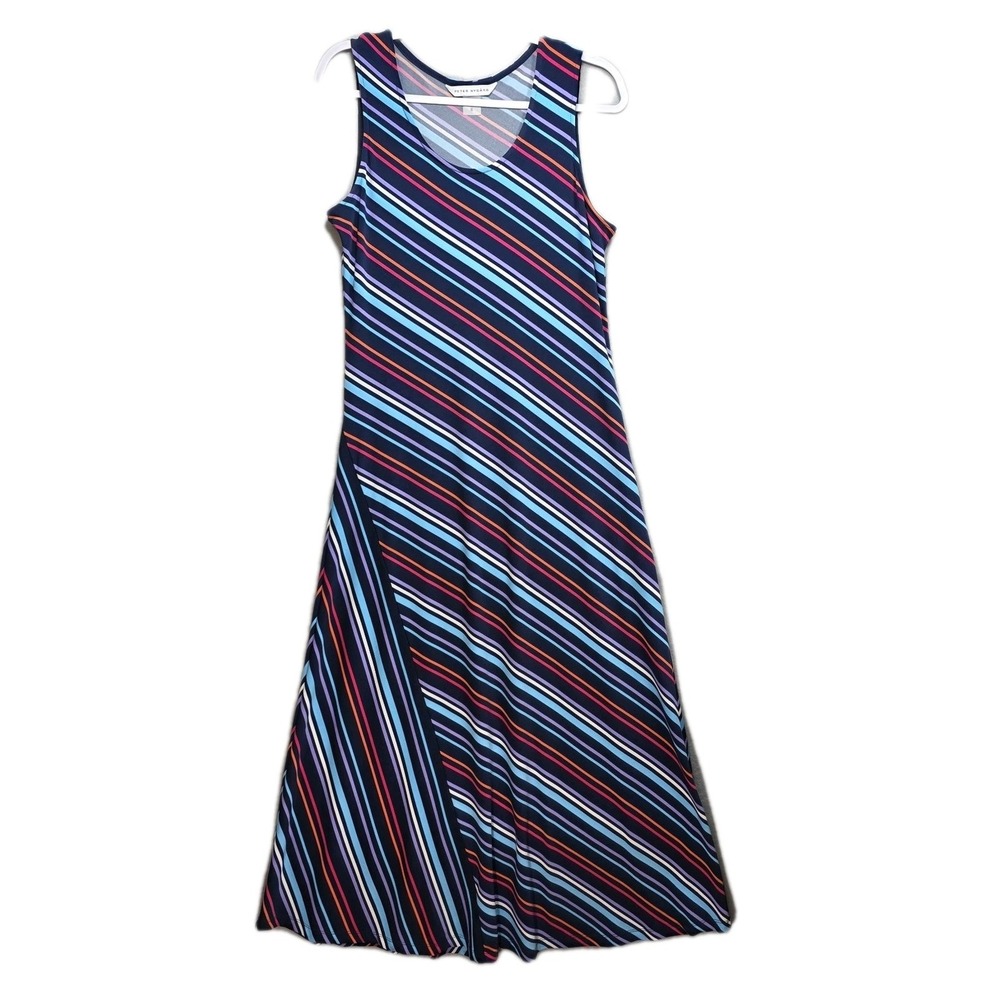 Peter Nygard Stretch Slinky Maxi Dress Womens S Diagonal Stripes Sleeveless Blue